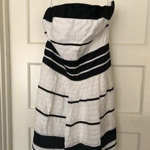 Strapless black and white striped cocktail dress